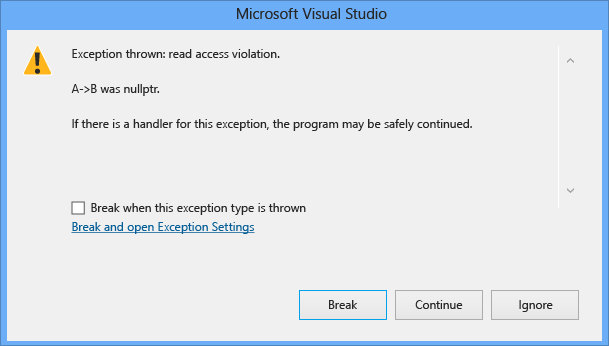 Снимок экрана: диалоговое окно исключения Microsoft Visual Studio с нарушением доступа для чтения для 