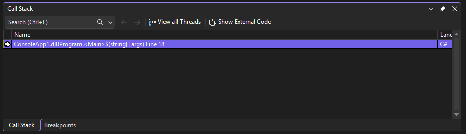 Снимок экрана: окно стека вызовов.