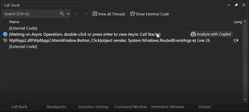 Снимок экрана, показывающий анализ из окна стека вызовов.