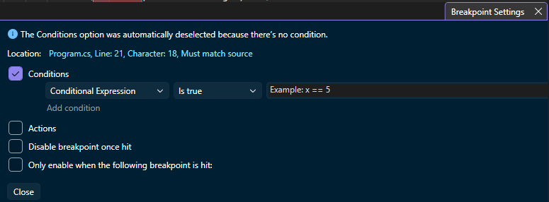 Screenshot, показывающий, как задать условную точку останова в Visual Studio.