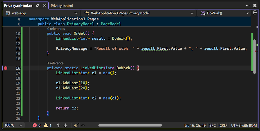 Screenshot, показывающий, как задать точку останова в отладчике Visual Studio.