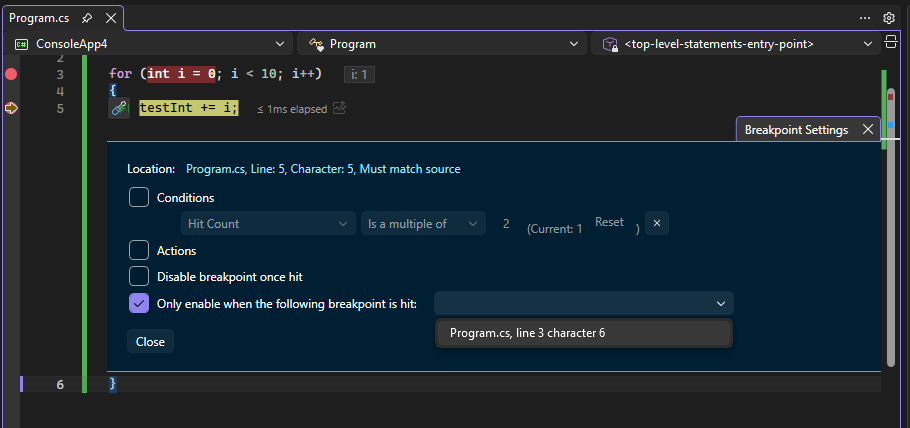 Снимок экрана, показывающий зависимую точку останова.