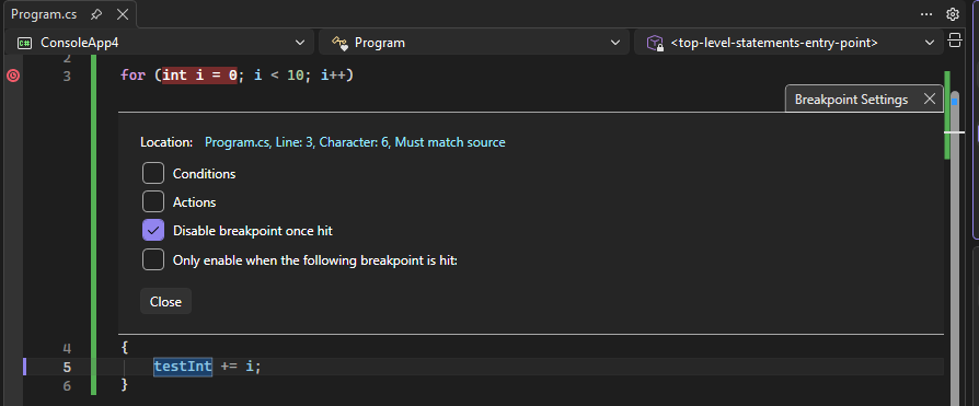 Снимок экрана: временная точка останова.