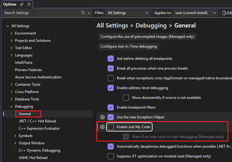 Снимок экрана: параметры отладки Visual Studio.