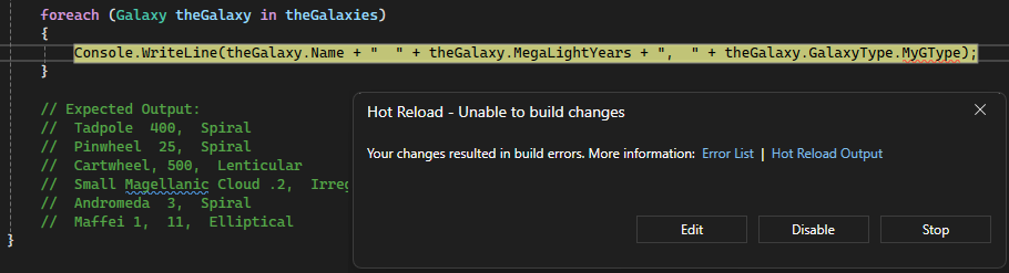 Снимок экрана: отладчик Visual Studio со строкой кода, выделенной красным цветом, и окно сообщения с выбранным параметром 