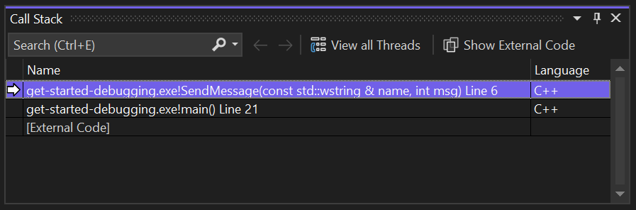 снимок экрана, показывающий, как проверить стек вызовов в Visual Studio 2022.