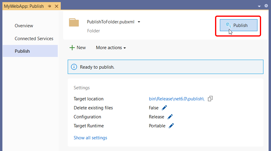 снимок экрана, на котором показана страница сводки публикации в папке.