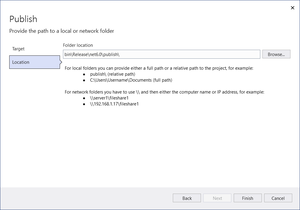 Снимок экрана, показывающий экран мастера публикации для публикации в папке.