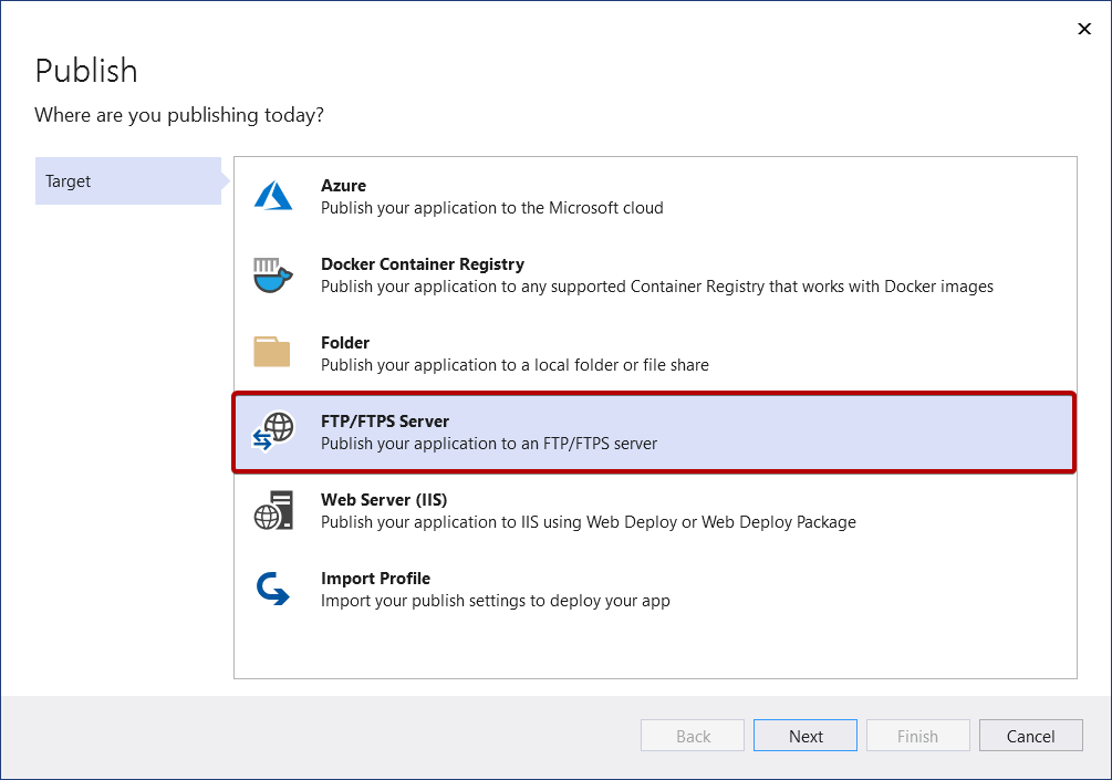 снимок экрана, показывающий параметр публикации на FTP или FTPS-сервере.