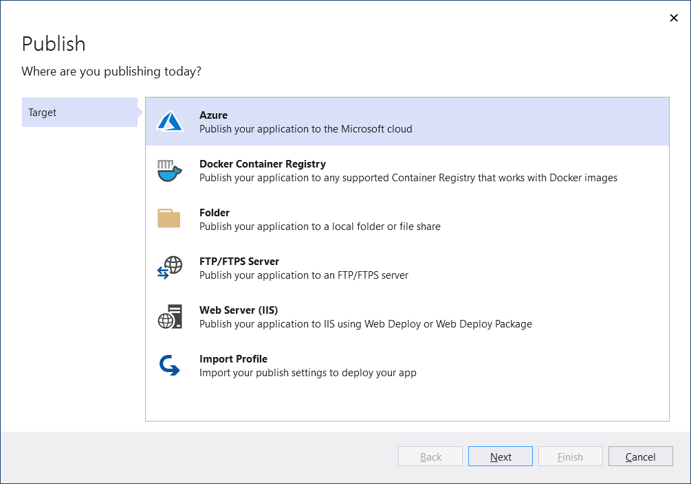 снимок экрана: мастер публикации с доступными целевыми объектами публикации.