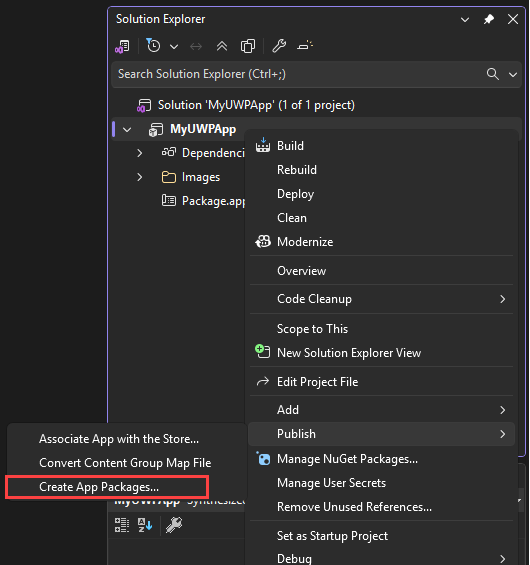 снимок экрана, на котором показано создание пакета приложения.