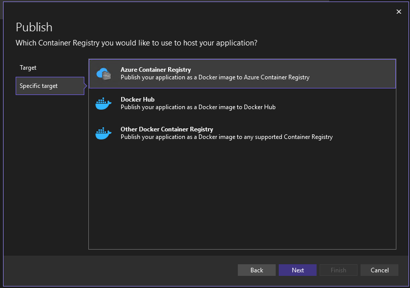 Снимок экрана, на котором видны параметры «Публикация в реестре контейнеров Docker».