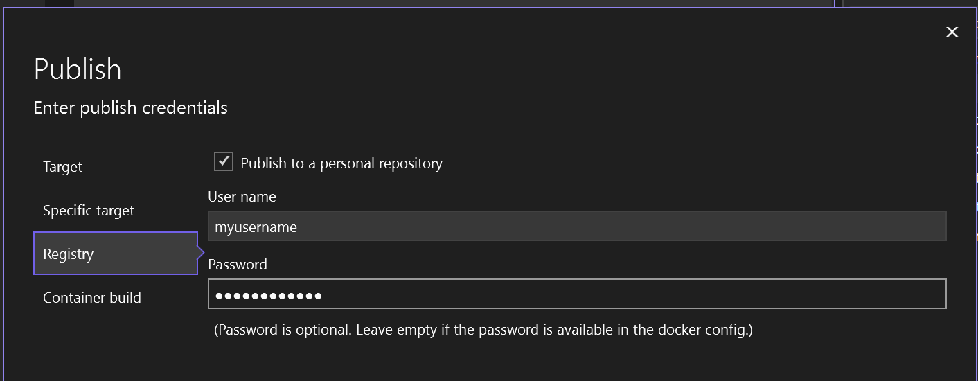 снимок экрана с параметром публикации в Docker Hub.
