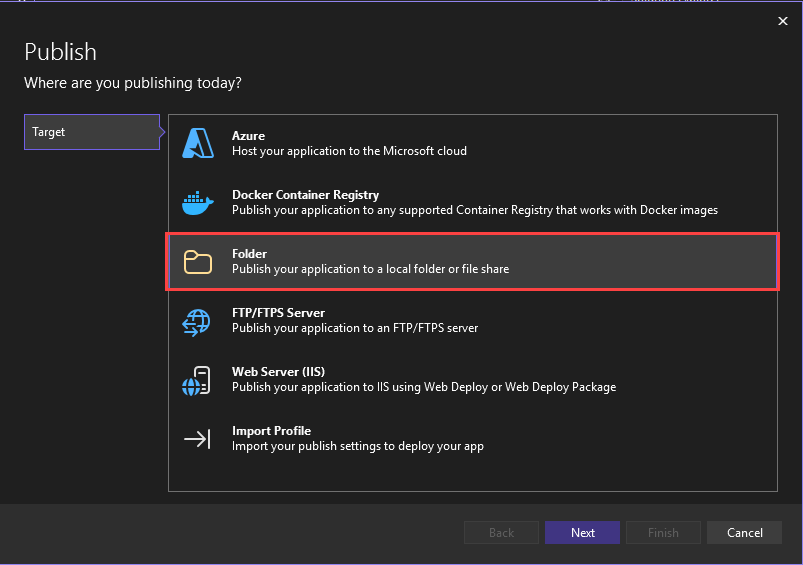снимок экрана, показывающий параметр публикации в выделенной папке.