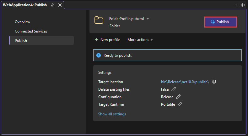 снимок экрана, на котором показана страница сводки публикации в папке.