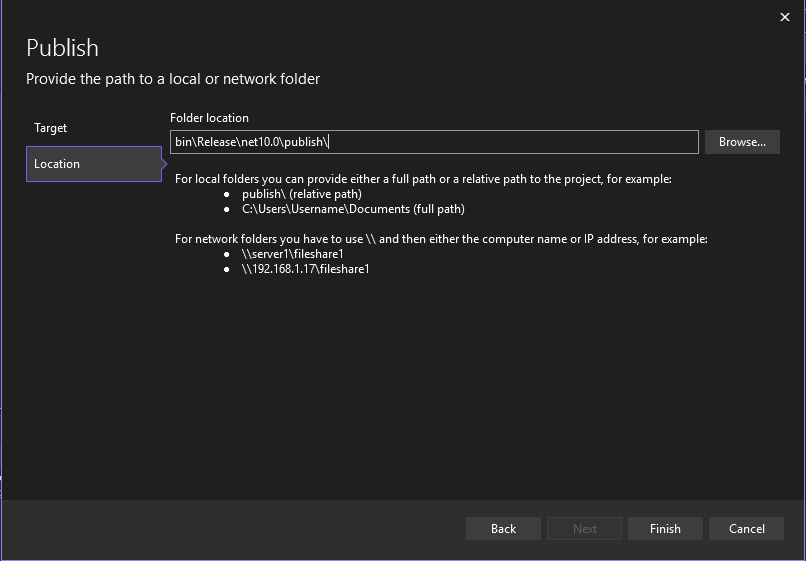 Снимок экрана, показывающий экран мастера публикации для публикации в папке.