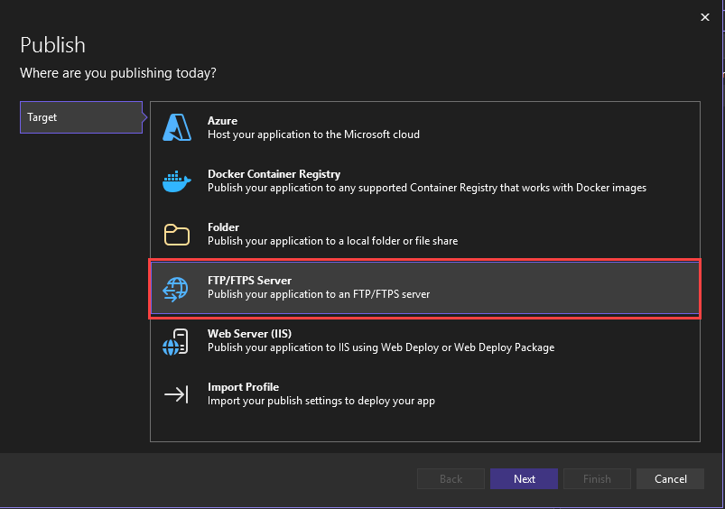 снимок экрана, показывающий параметр публикации на FTP или FTPS-сервере.