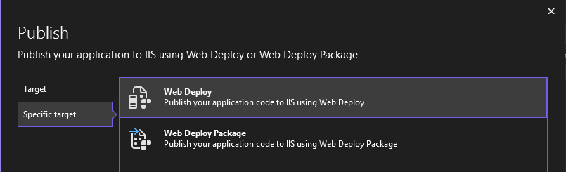 снимок экрана, показывающий параметр публикации в IIS, показывающий выбор режима развертывания.