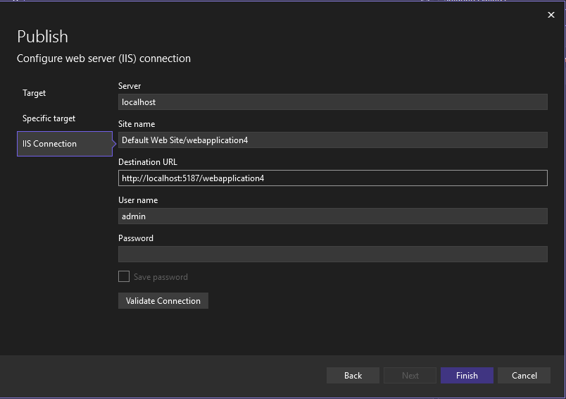 Скриншот, показывающий экран мастера публикации для публикации в IIS с опцией Web Deploy.