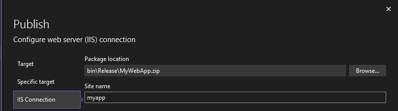 снимок экрана, показывающий экран мастера публикации для публикации в IIS с помощью опции пакета веб-развертывания.