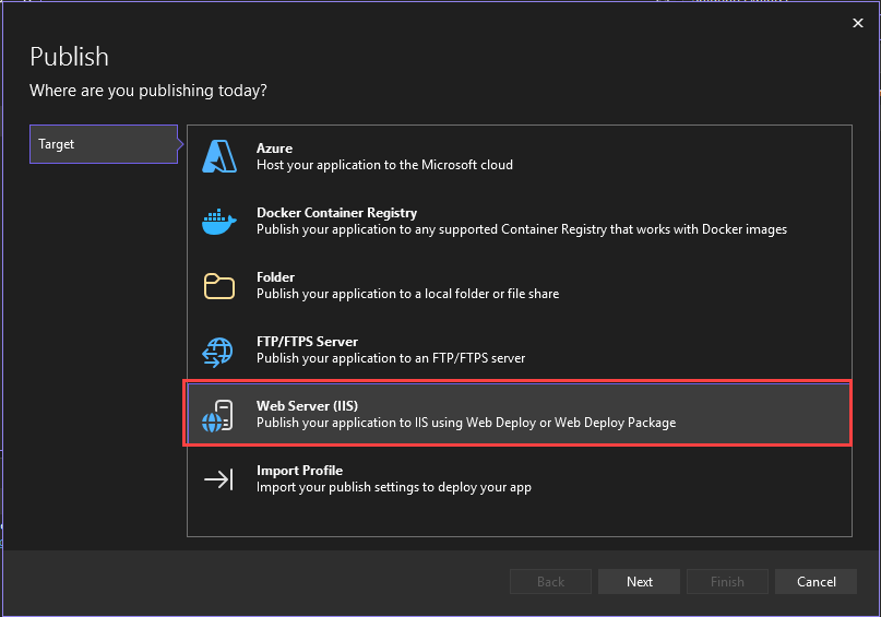 снимок экрана с параметром публикации в IIS.