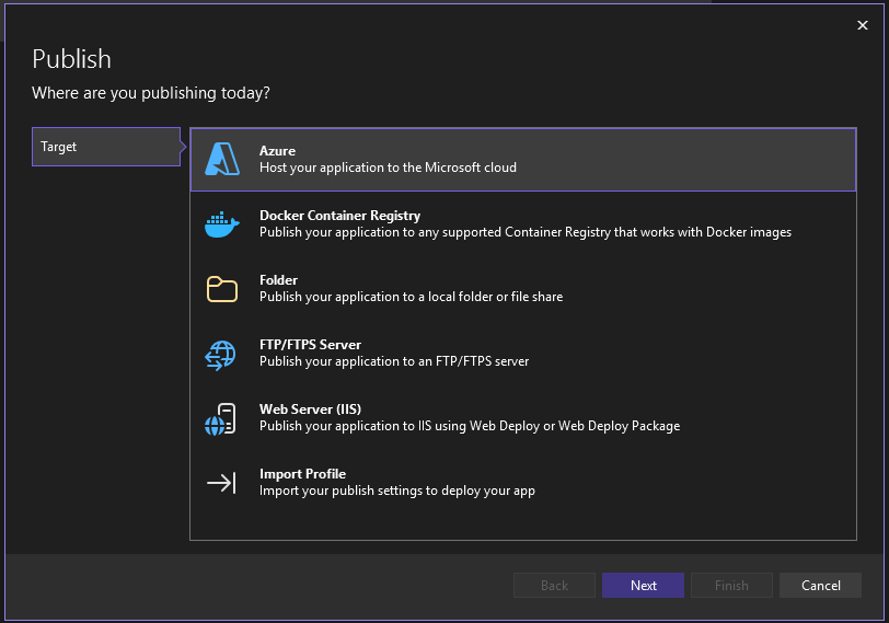 снимок экрана: мастер публикации с доступными целевыми объектами публикации.