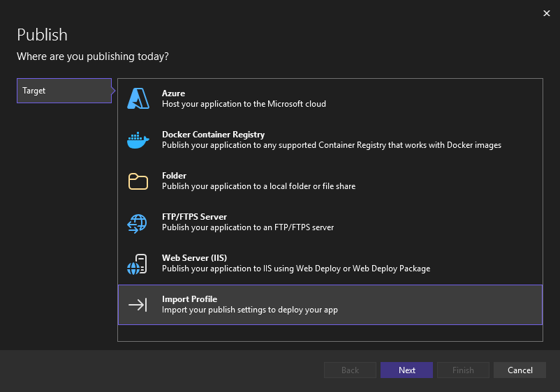 Снимок экрана параметра для импорта параметров публикации в Visual Studio.