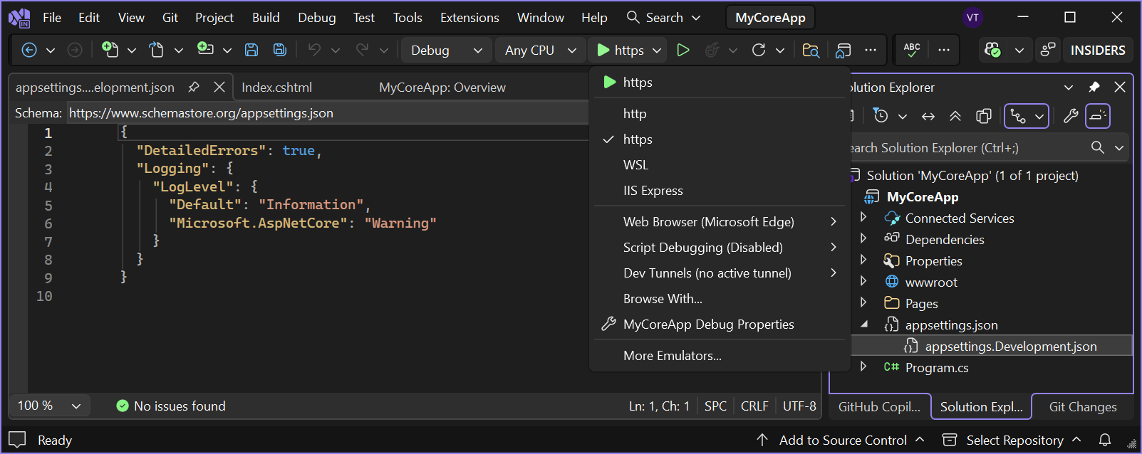 снимок экрана: кнопка https, выделенная на панели инструментов в Visual Studio.