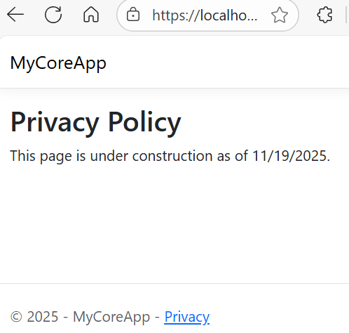 снимок экрана со страницей конфиденциальности MyCoreApp, включающей изменения, внесенные для добавления даты.