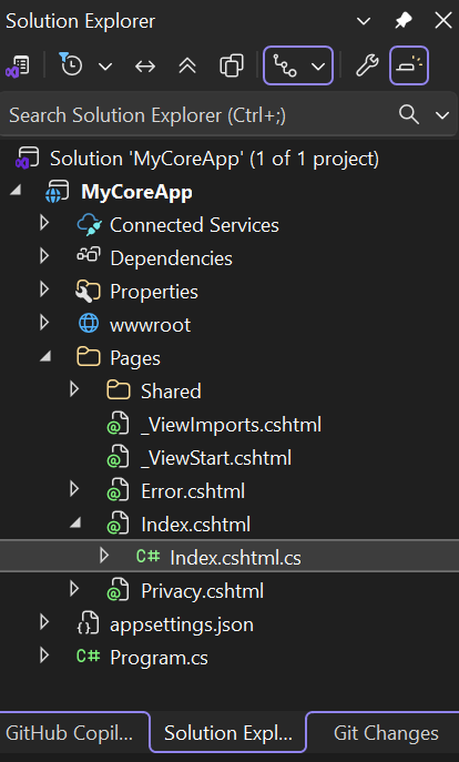 снимок экрана: файл Index.cshtml, выбранный в обозревателе решений в Visual Studio.