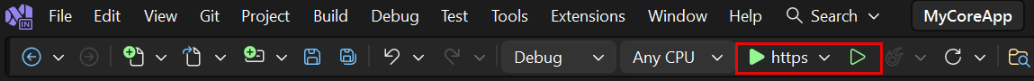снимок экрана: кнопка https, выделенная на панели инструментов для Visual Studio.