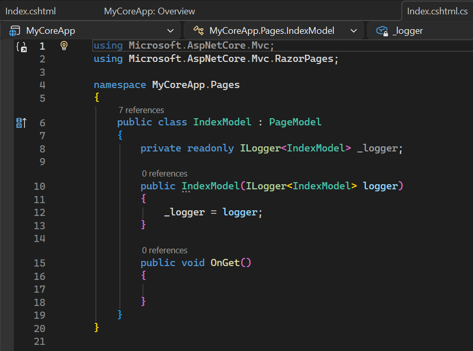 снимок экрана: файл Index.cshtml.cs открыт в редакторе Visual Studio Code.