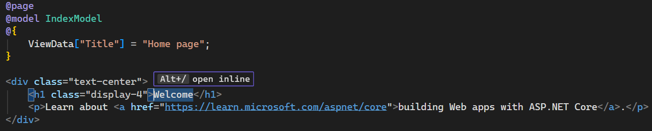 снимок экрана: файл Index.cshtml для домашней страницы в редакторе Visual Studio Code.