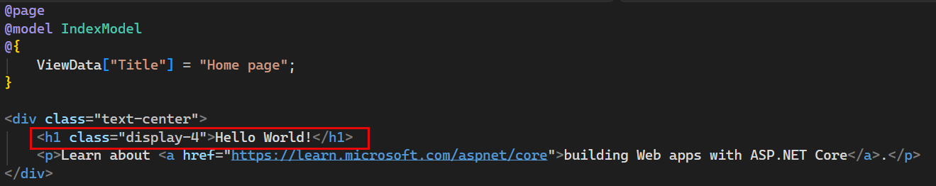 снимок экрана: файл Index.cshtml в редакторе Visual Studio Code с текстом приветствия изменен на Hello World!.