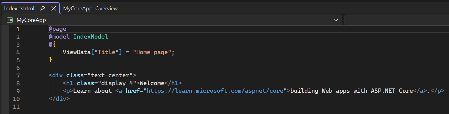 снимок экрана: файл Index.cshtml открыт в редакторе Visual Studio Code.