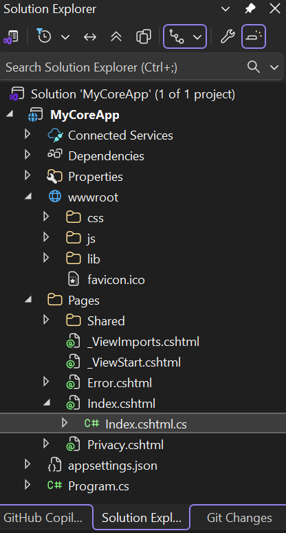 снимок экрана: корневая папка w w, выбранная в обозревателе решений в Visual Studio.