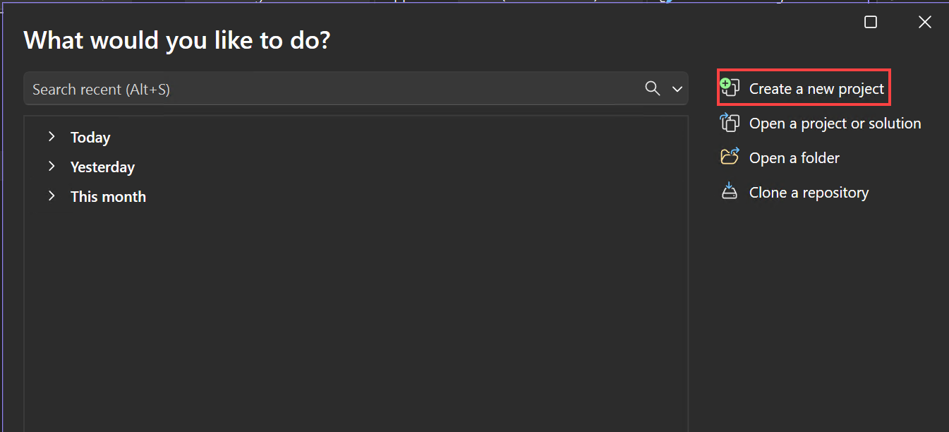 снимок экрана: начальная страница Visual Studio. Выделена опция 