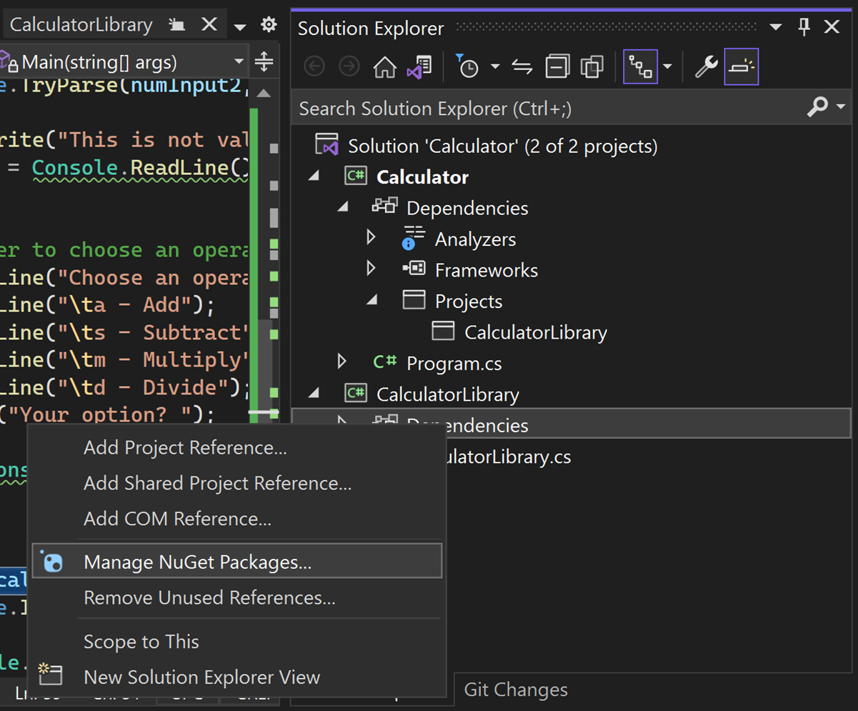 Снимок экрана: управление пакетами NuGet в контекстном меню.