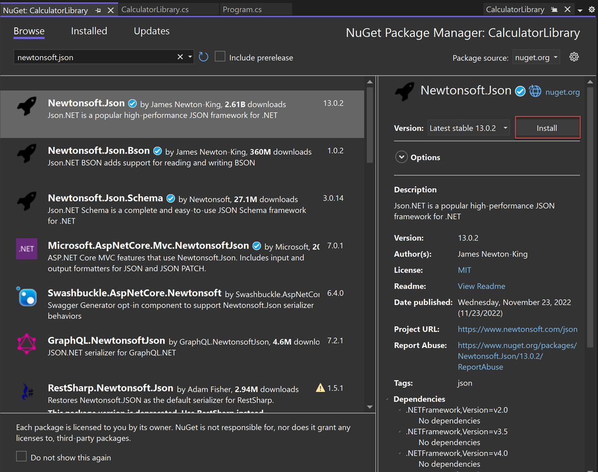 Скриншот информации о пакете Newtonsoft JSON в менеджере пакетов NuGet.