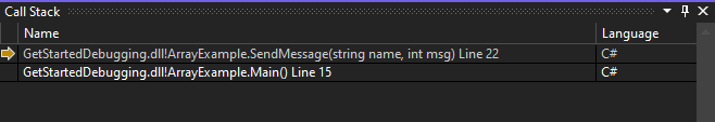 снимок экрана окна стека вызовов в Visual Studio 2022.