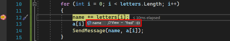 снимок экрана подсказки отладчика по данным в Visual Studio 2022, показывающей строковое значение переменной 'name'.
