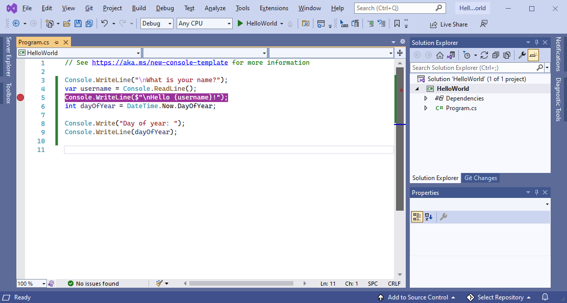 Снимок экрана: Visual Studio с синей темой.