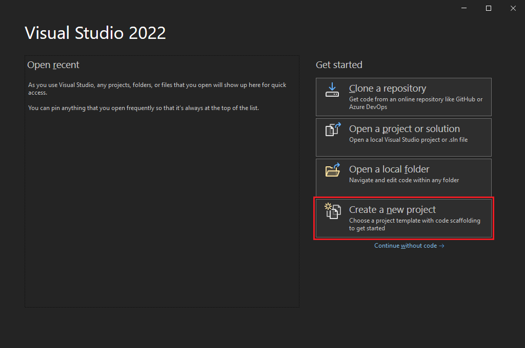 снимок экрана стартового окна Visual Studio 2022 с выбранной опцией 'Создать новый проект'.