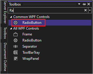 Screenshot с окном панели инструментов Visual Studio 2022 с элементом управления RadioButton, выбранным в списке общих элементов управления WPF.