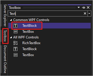 Скриншот, демонстрирующий окно Панели инструментов в Visual Studio 2022 с выделенным элементом управления TextBlock в списке Общих элементов управления WPF.