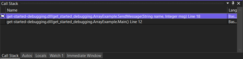Снимок экрана: окно стека вызовов Visual Studio с вызовом метода SendMessage, выделенным в верхней строке.