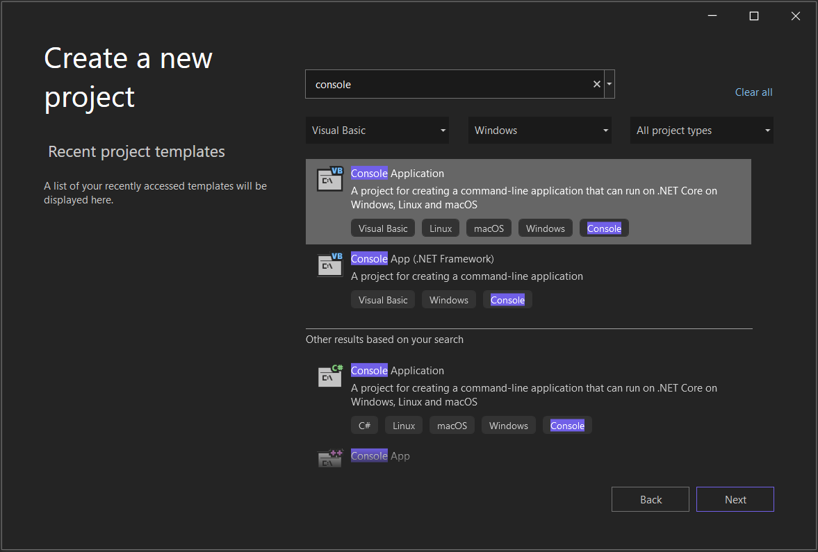 Снимок экрана: окно создания нового проекта в Visual Studio 2022 с консолью в поле поиска, а также 