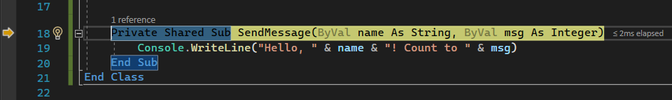 Снимок экрана: сеанс отладки в редакторе Visual Studio Code с приостановкой выполнения после шага в метод SendMessage.