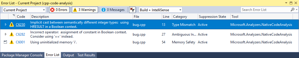 Снимок экрана: список ошибок Visual Studio с предупреждениями.