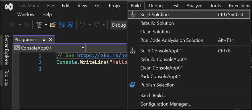 Снимок экрана меню «Сборка» в интегрированной среде разработки Visual Studio.